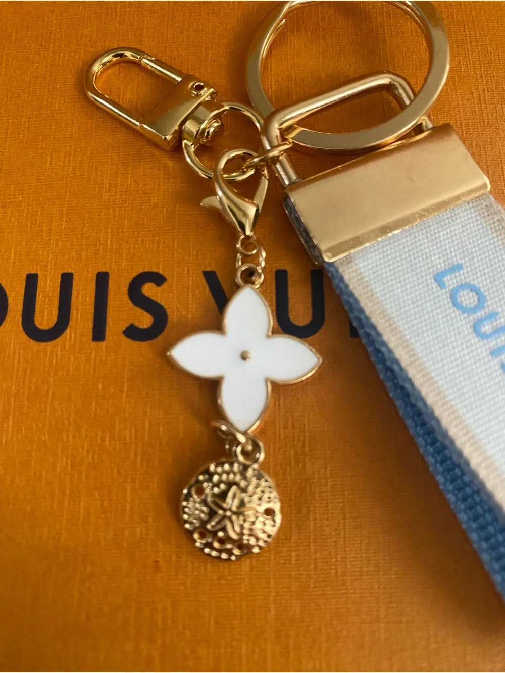Louis Vuitton White and Light Blue Ribbon Keyring with Gold Hardware